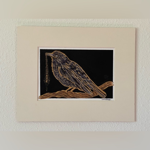 Original art watercolor ink gold bird raven crow mystical witchy moon academia - Picture 9 of 13